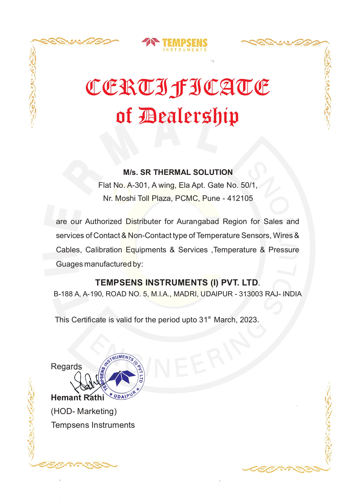 Tempsens Certificate
